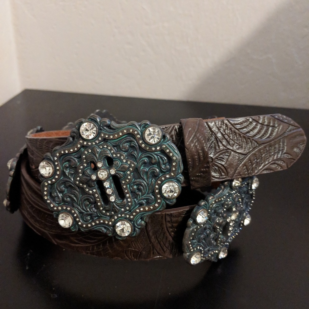 Brown tooled leather belt with bling buckles